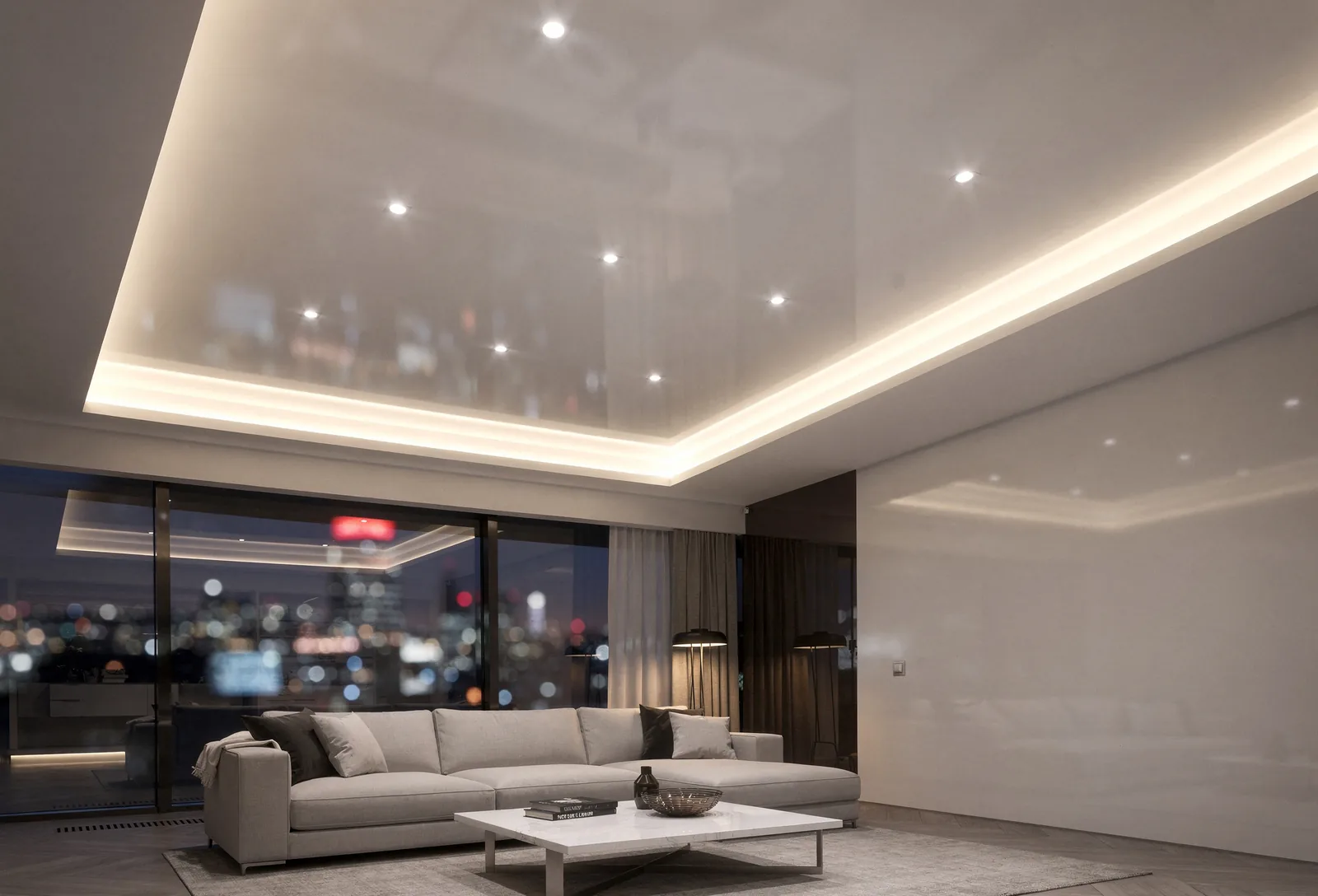 Sufit napinany matowy z oświetleniem LED — realizacja w salonie, Radom